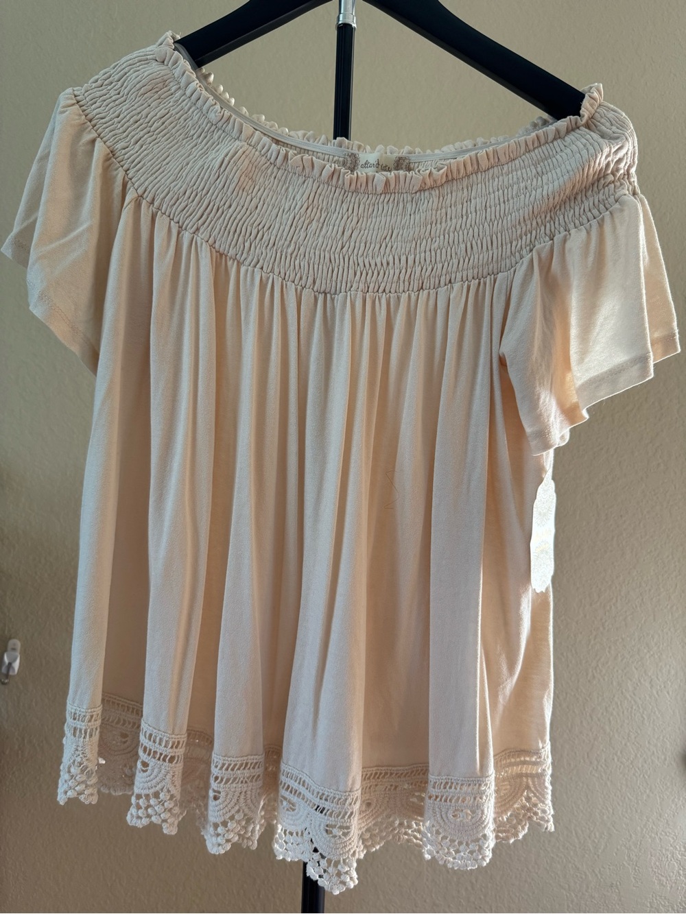 Altar'd State Cream Off-Shoulder Crochet Hem Blouse